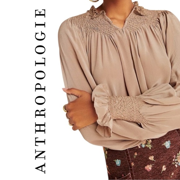 Anthropologie Love Sam Lissa Silk Peasant Blouse Embroidered Smocked Tan Sz XS - Picture 16 of 16